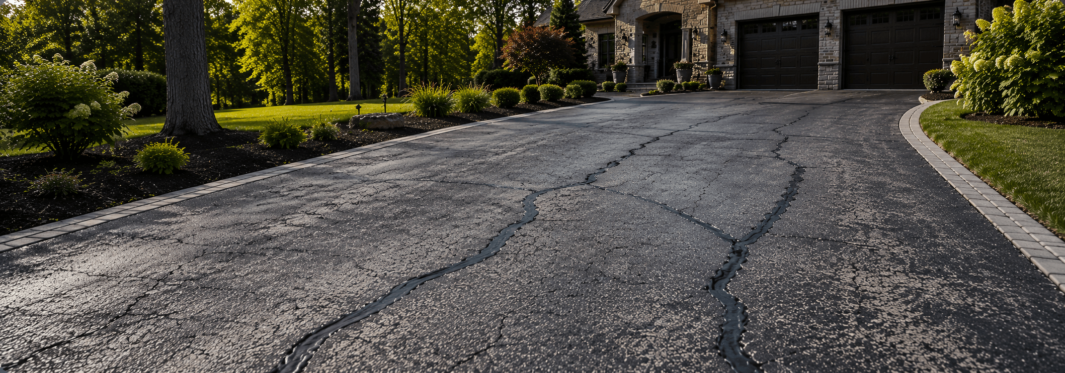 Worker filling cracks in asphalt pavement