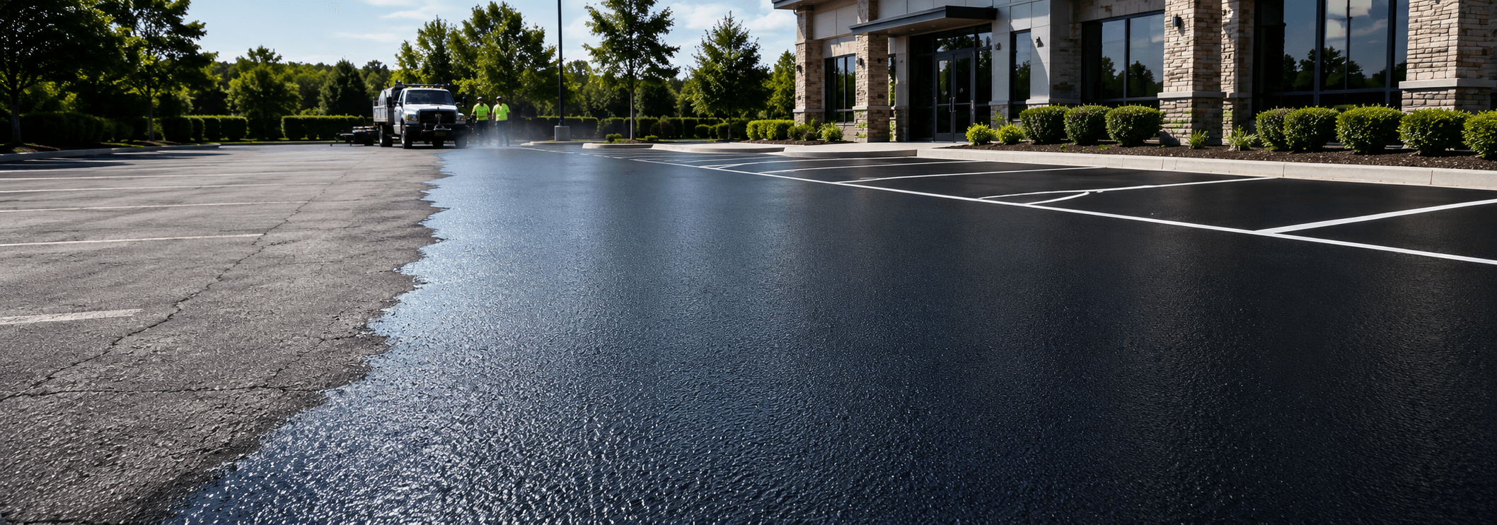 Freshly sealcoated residential driveway at dusk